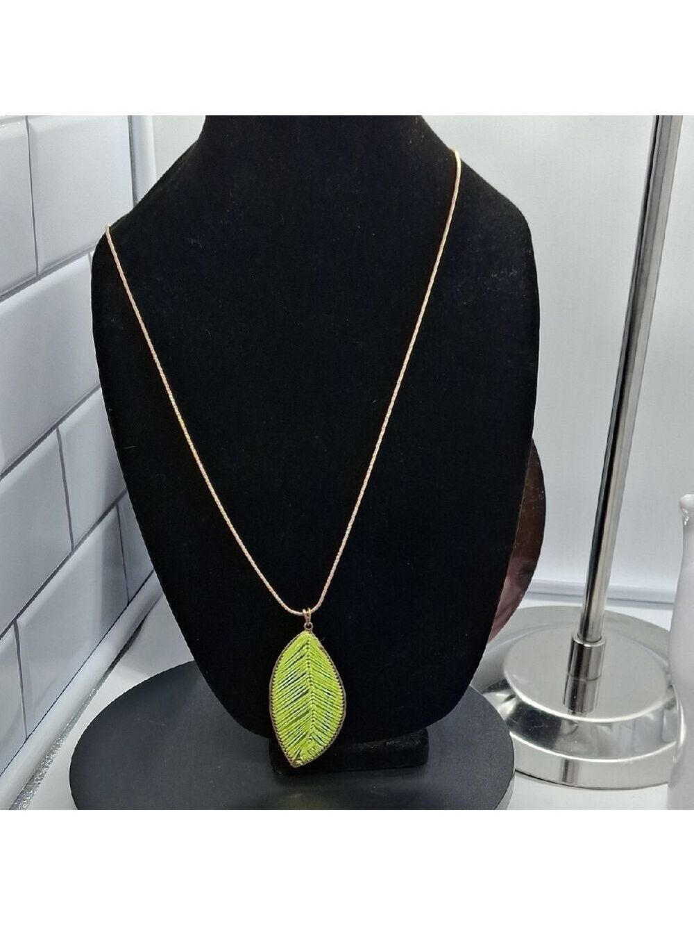 Green Leaf With Gold 30"+2" Snake Chain Pendant Necklace